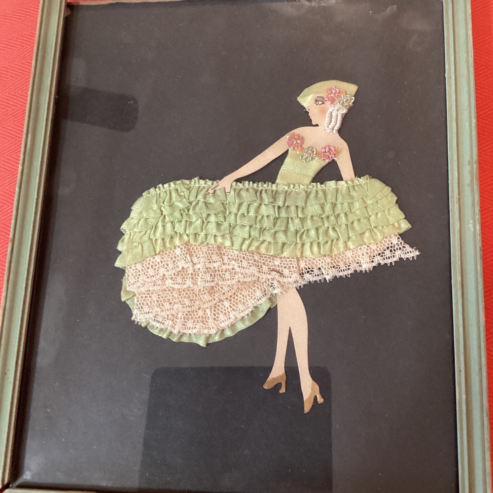 Vintage Leggy Lady Framed Ribbon Doll - Ruffled Ribbon & Lace Skirt